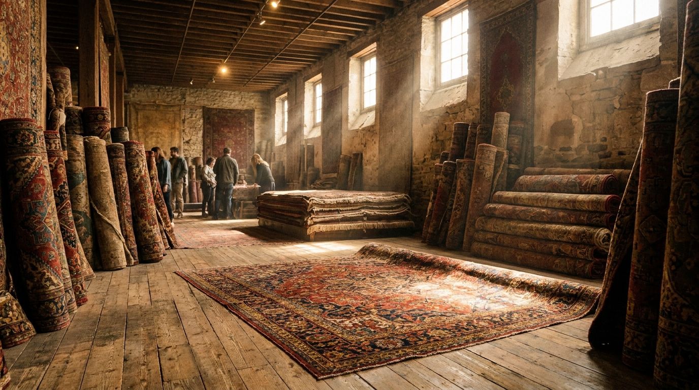 Antique rugs in a heritage gallery