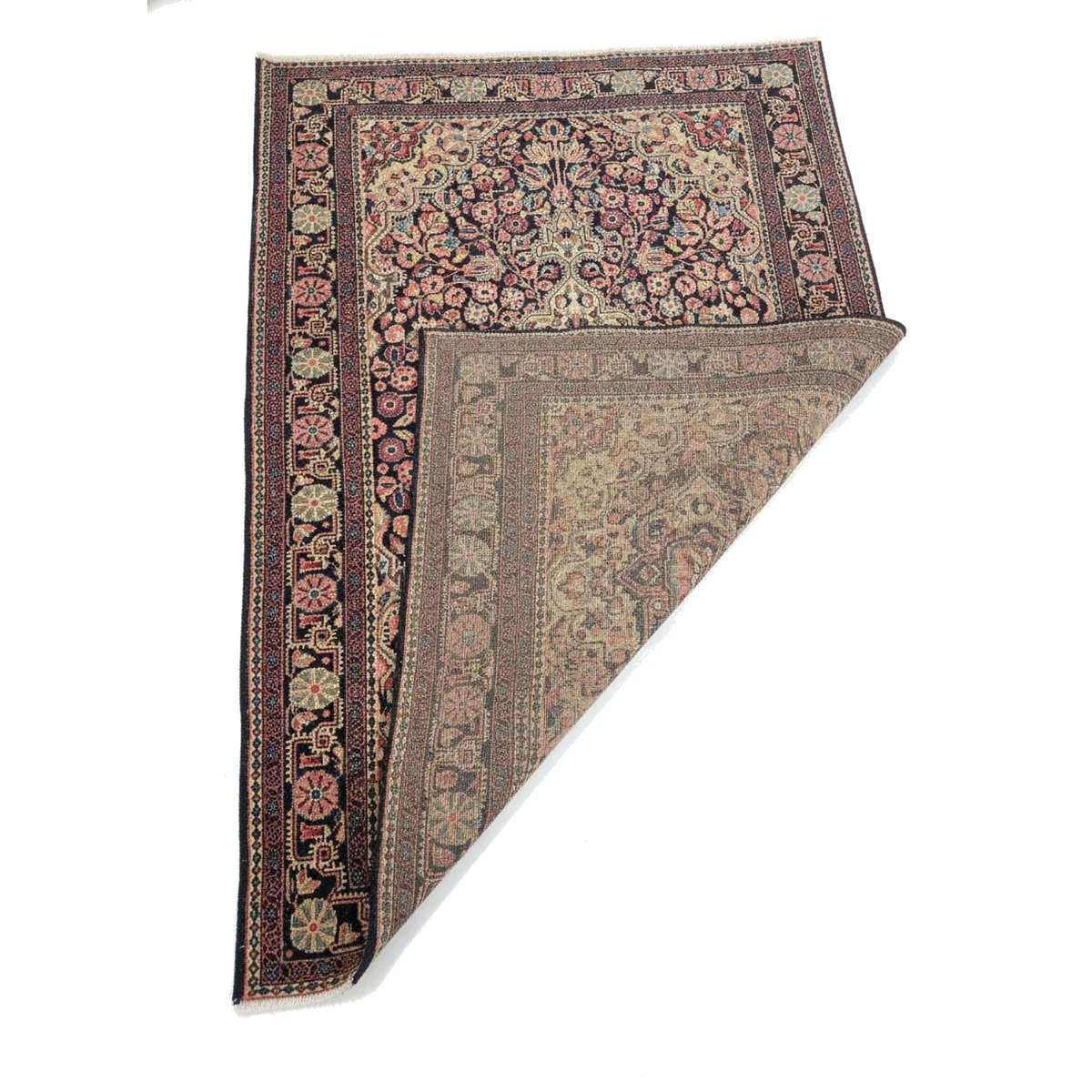 3x5-malayer-antique-rug-corner-detail-3 {image_id: crop_2, image_type: detail_photo, alt_text: Detail view of the top right corner of the rug, highlighting the central medallion and field design.}
