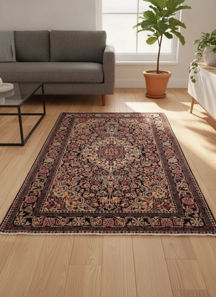 3x5-malayer-antique-rug-in-room-2 {image_id: crop_1, image_type: detail_photo, alt_text: Detail view of the top left corner of the rug, showing floral motifs and border patterns.}