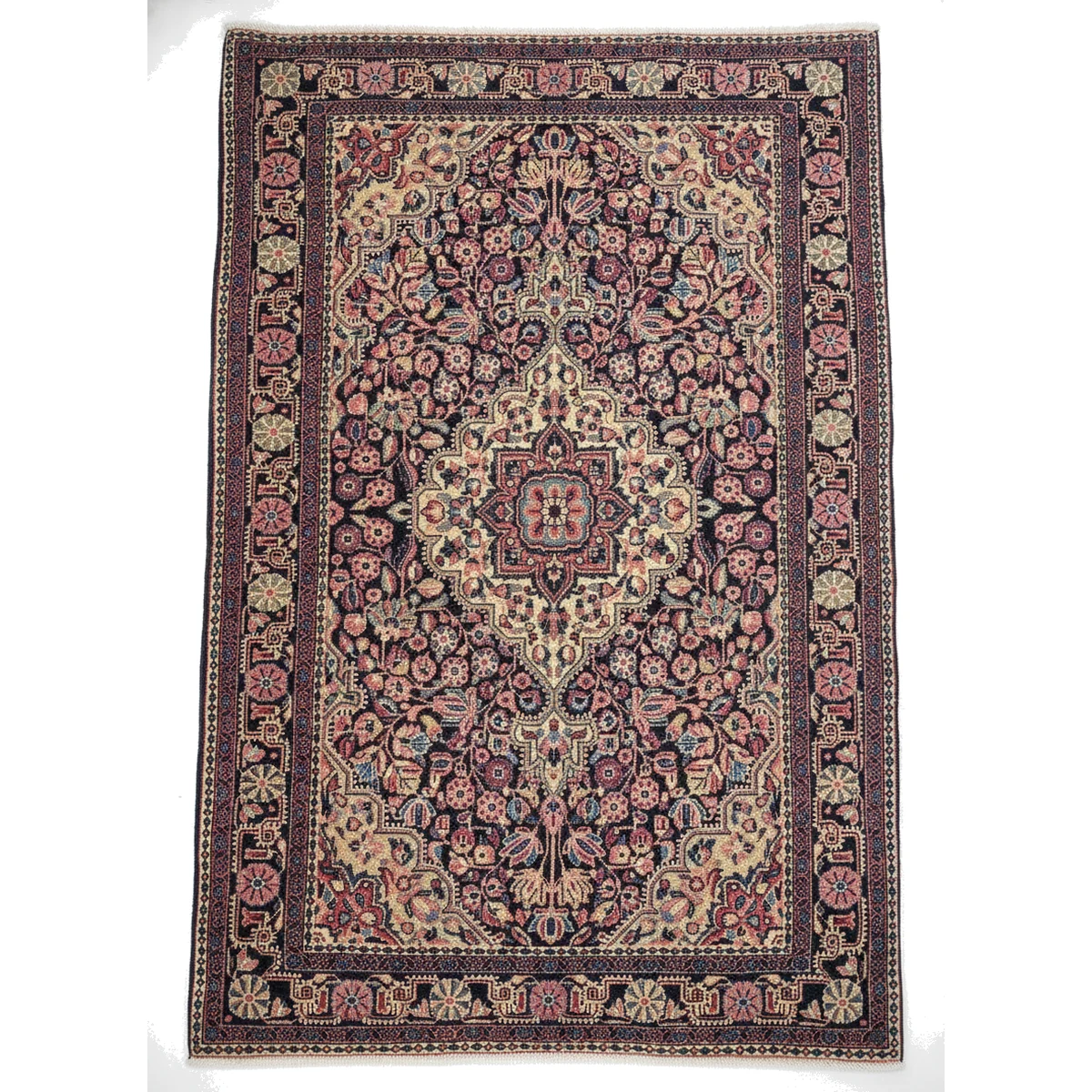 3x5-malayer-antique-rug-top-view-1 {image_id: main_image, image_type: actual_product_photo, alt_text: Full view of an approximate 3x5 rectangular traditional rug with a central medallion and dark blue field.}
