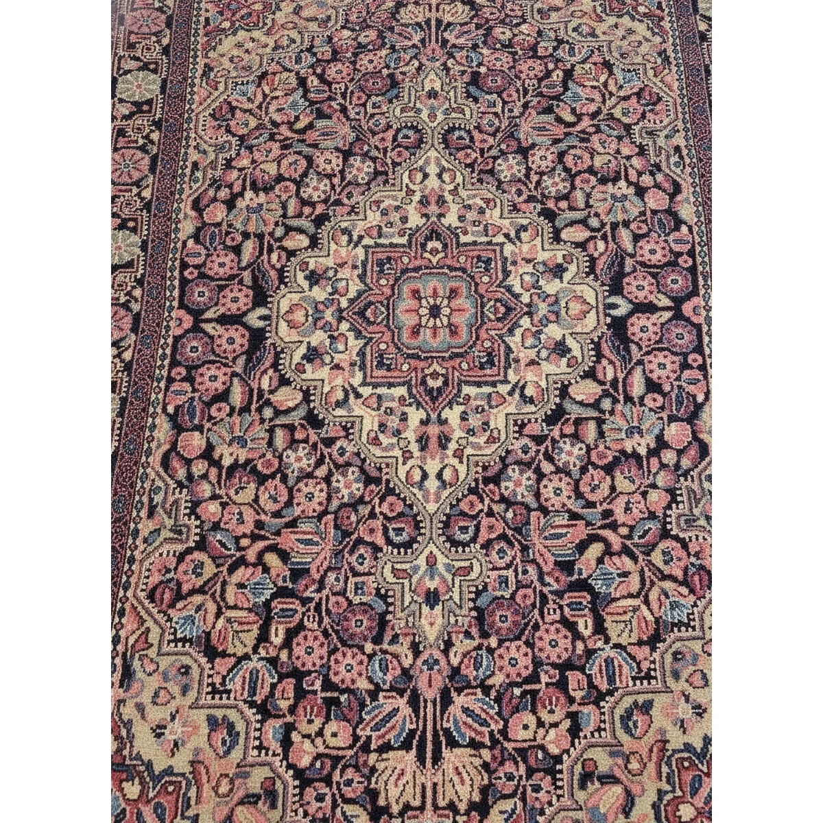 3x5-malayer-antique-rug-pattern-detail-4 {image_id: crop_3, image_type: detail_photo, alt_text: Detail view of the bottom left corner of the rug, showing fringe and border intricate patterns.}