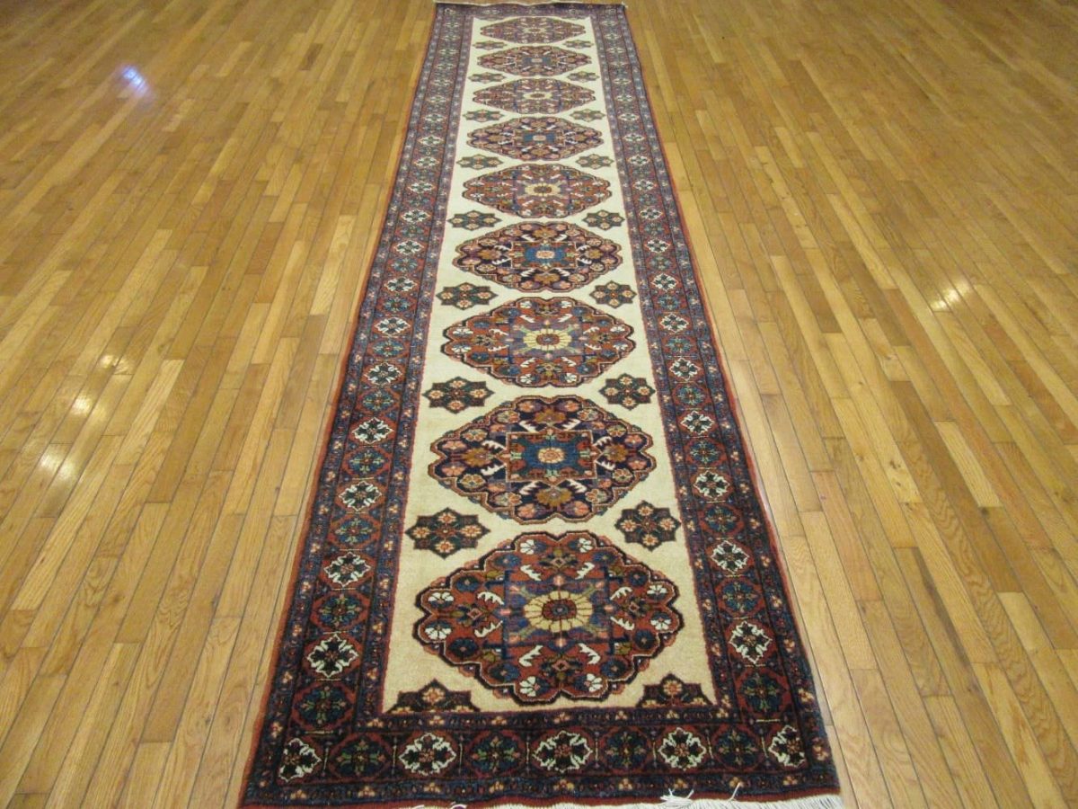 4′ x 13′ Vintage Persian Meshkin Traditional Runner Rug Ivory Navy Wool