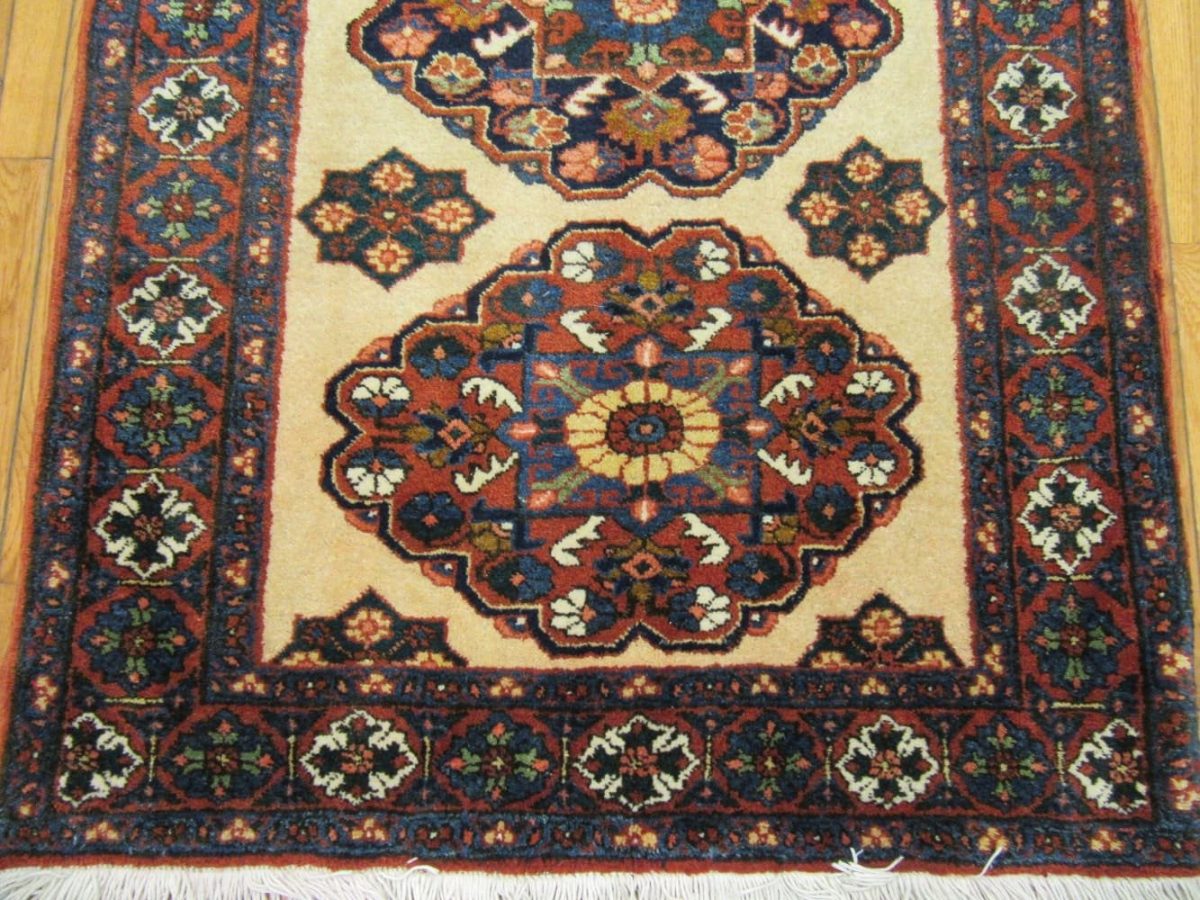 4′ x 13′ Vintage Persian Meshkin Traditional Runner Rug Ivory Navy Wool