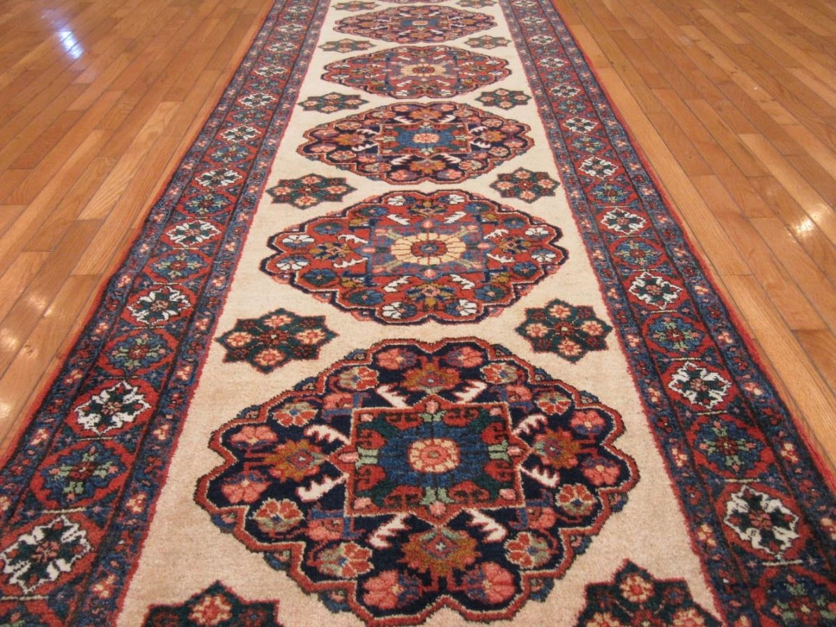 4′ x 13′ Vintage Persian Meshkin Traditional Runner Rug Ivory Navy Wool