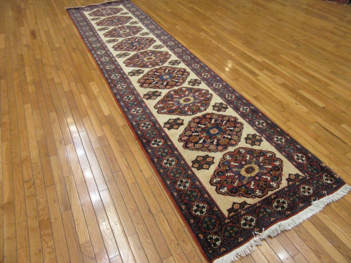 4′ x 13′ Vintage Persian Meshkin Traditional Runner Rug Ivory Navy Wool