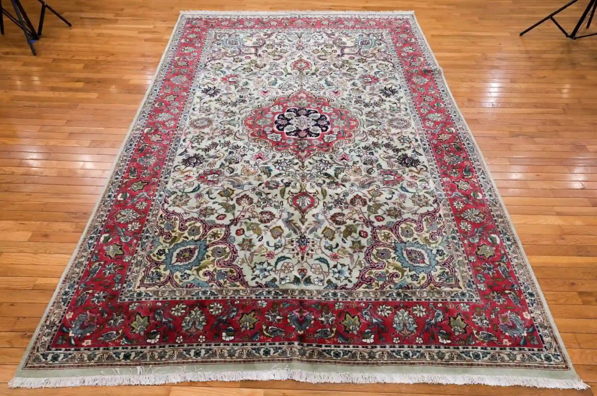 7′ x 10′ Green Fine Hand-Knotted Persian Tabriz Rug – Traditional Wool