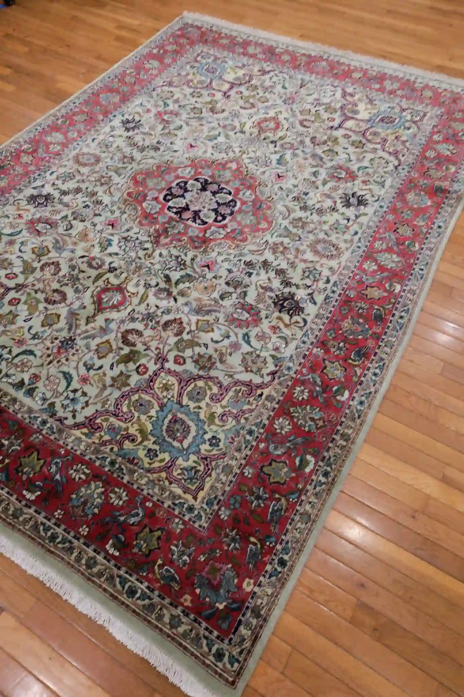 7′ x 10′ Green Fine Hand-Knotted Persian Tabriz Rug – Traditional Wool