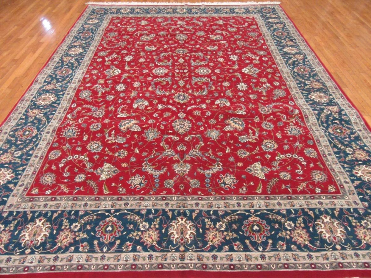 9′ x 13′ Pakistani Kashan Design Rug – Red & Navy Traditional Hand-Knotted Wool - 1 9′ x 13′ Pakistani Kashan Design Rug – Red & Navy Traditional Hand-Knotted Wool