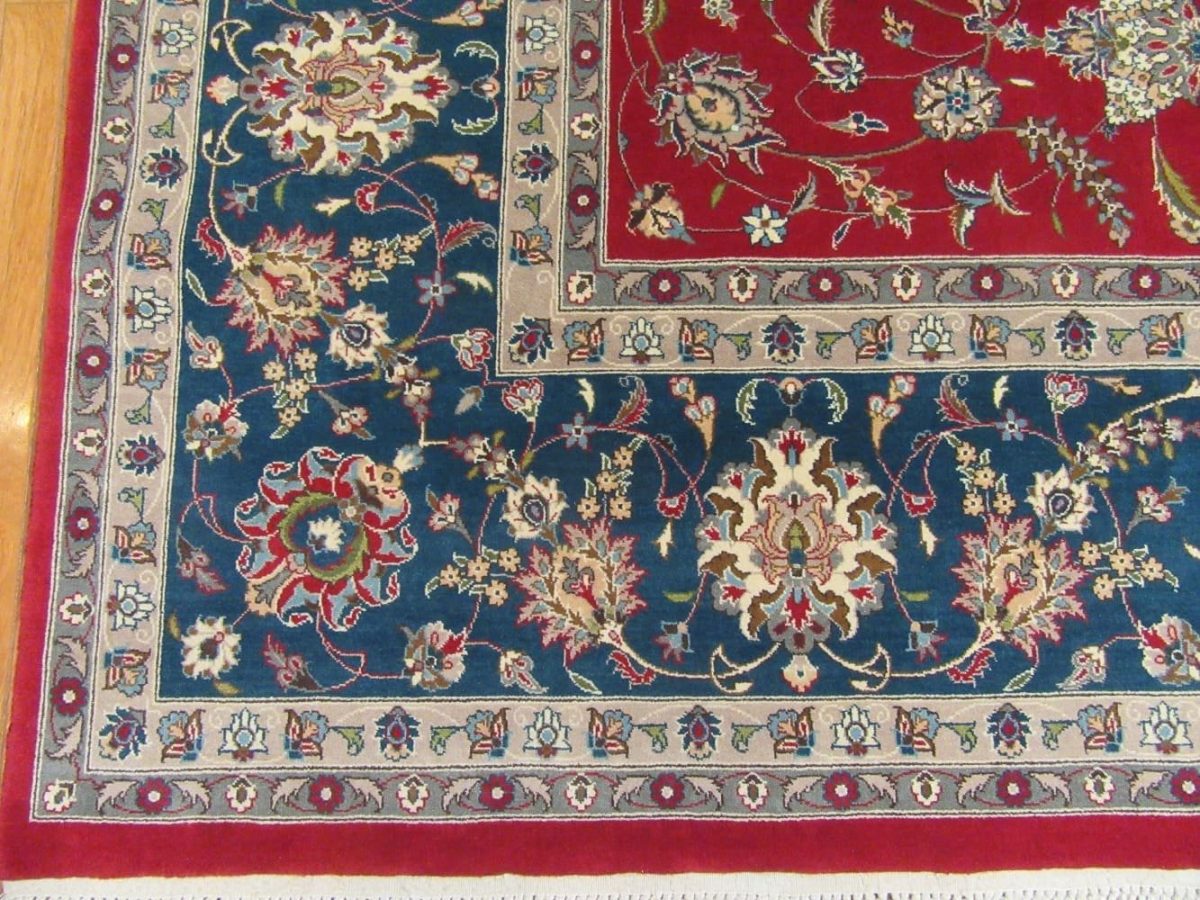 9′ x 13′ Pakistani Kashan Design Rug – Red & Navy Traditional Hand-Knotted Wool - 3 9′ x 13′ Pakistani Kashan Design Rug – Red & Navy Traditional Hand-Knotted Wool