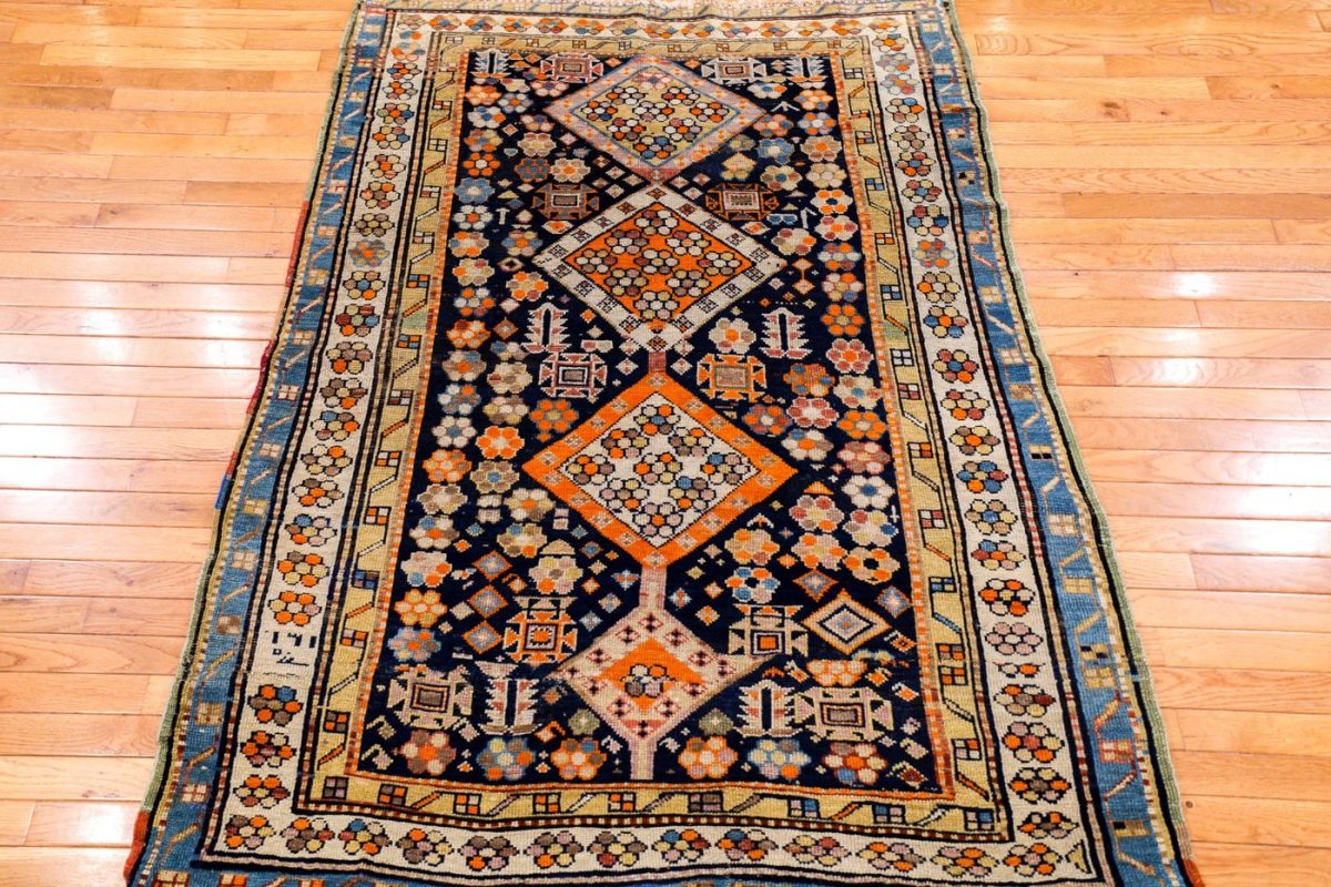 4′ x 6′ Deep Navy and Saffron Orange Hand-Knotted Antique Caucasian Shirvan Rug – Collector’s Wool