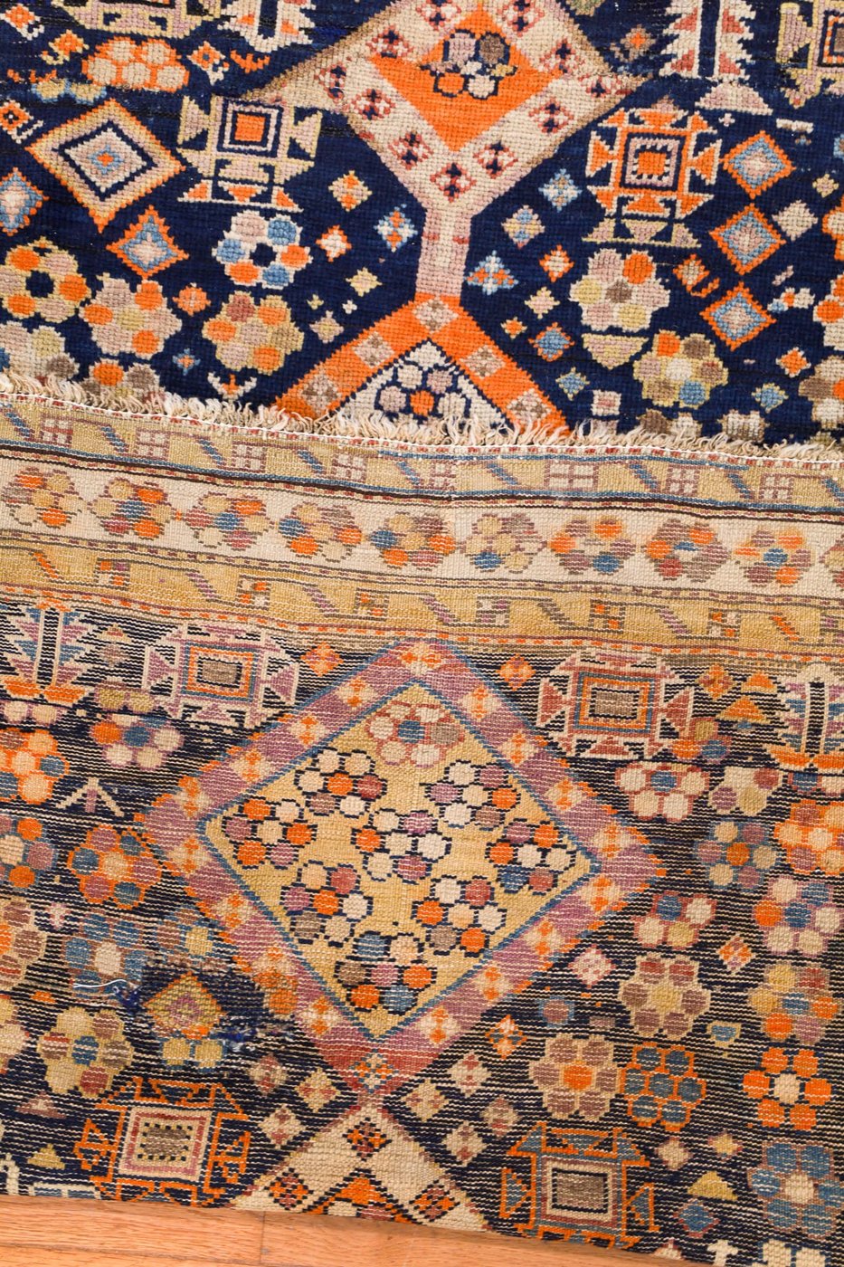 4′ x 6′ Deep Navy and Saffron Orange Hand-Knotted Antique Caucasian Shirvan Rug – Collector’s Wool