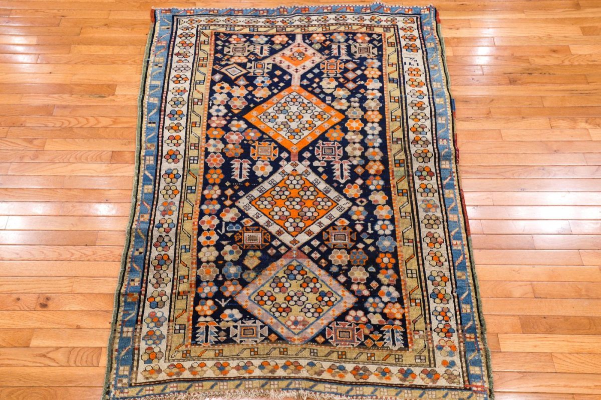 4′ x 6′ Deep Navy and Saffron Orange Hand-Knotted Antique Caucasian Shirvan Rug – Collector’s Wool