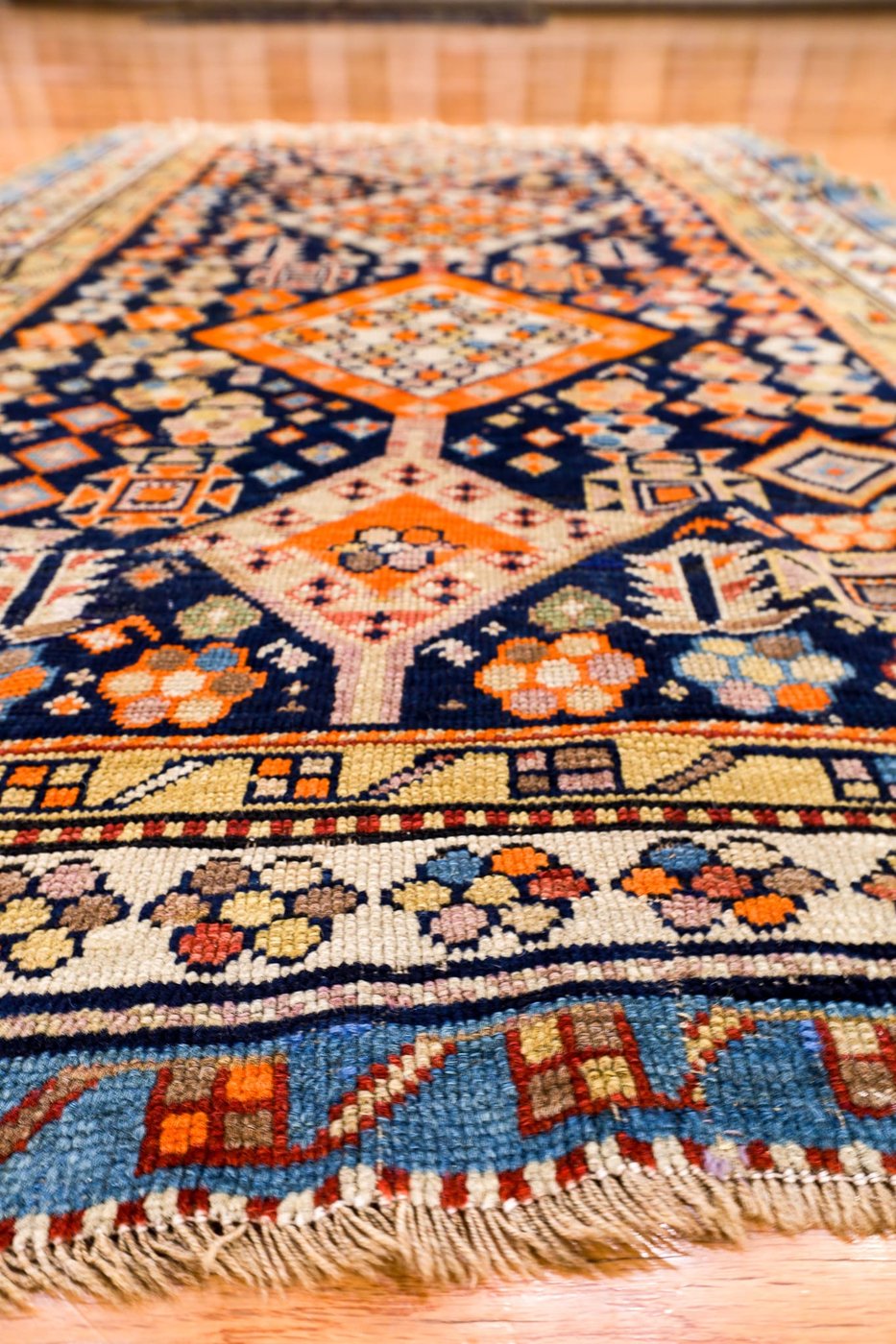 4′ x 6′ Deep Navy and Saffron Orange Hand-Knotted Antique Caucasian Shirvan Rug – Collector’s Wool