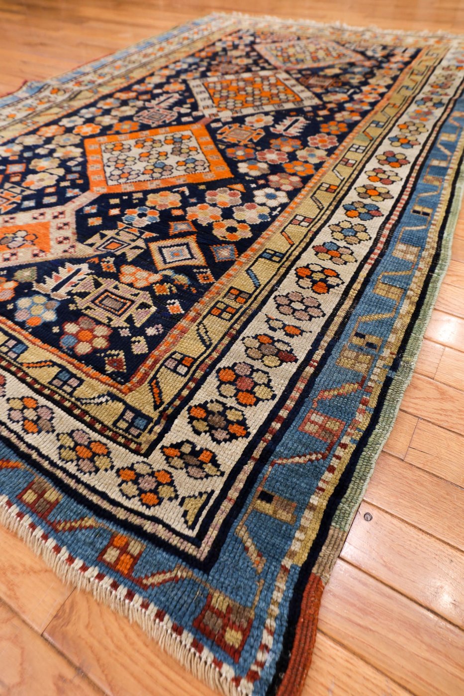 4′ x 6′ Deep Navy and Saffron Orange Hand-Knotted Antique Caucasian Shirvan Rug – Collector’s Wool