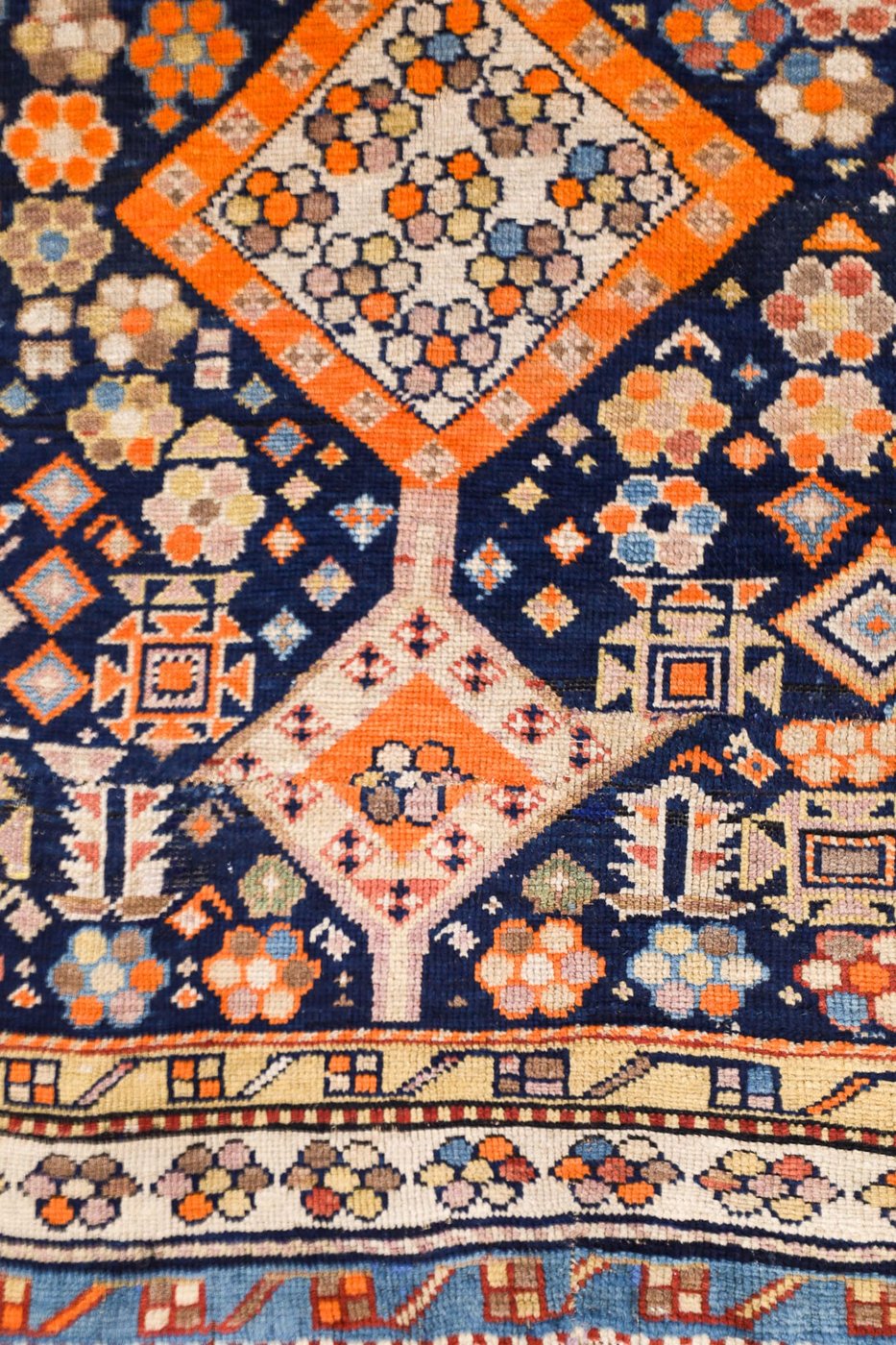 4′ x 6′ Deep Navy and Saffron Orange Hand-Knotted Antique Caucasian Shirvan Rug – Collector’s Wool