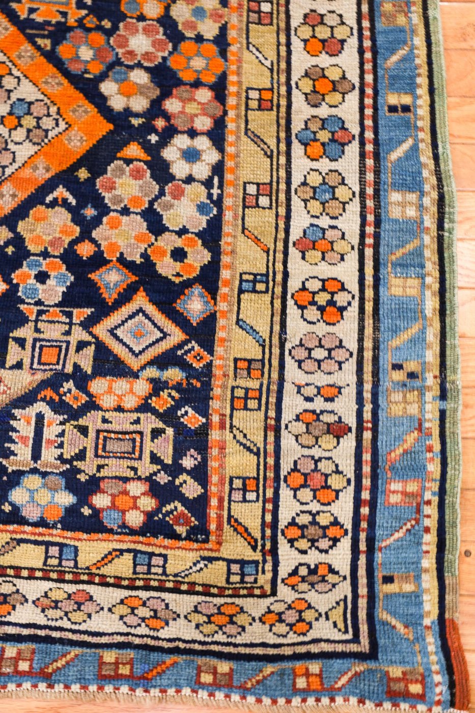 4′ x 6′ Deep Navy and Saffron Orange Hand-Knotted Antique Caucasian Shirvan Rug – Collector’s Wool