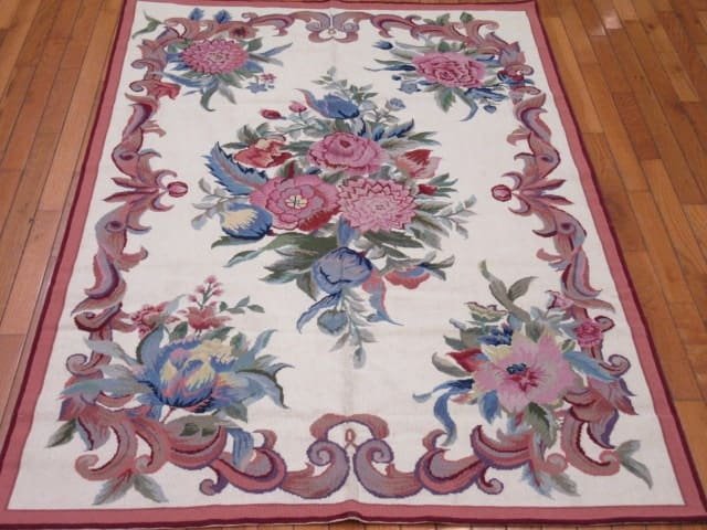 4′ x 6′ Cream Floral Handmade Needlepoint Rug – Chinese Aubusson Style Wool - 1 4′ x 6′ Cream Floral Handmade Needlepoint Rug – Chinese Aubusson Style Wool