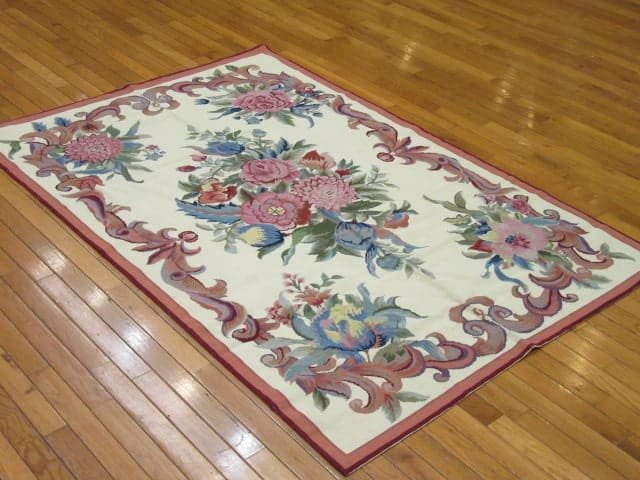 4′ x 6′ Cream Floral Handmade Needlepoint Rug – Chinese Aubusson Style Wool - 4 4′ x 6′ Cream Floral Handmade Needlepoint Rug – Chinese Aubusson Style Wool