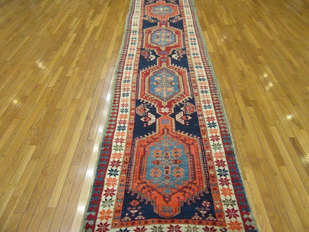 3′ x 11′ Antique Tribal Persian Sarab Runner Rug – Hand-Knotted Wool, Geometric Medallions