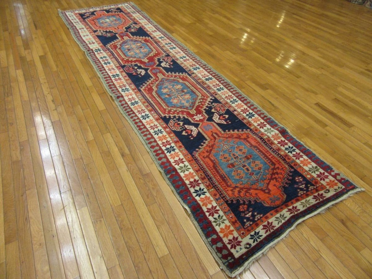 3′ x 11′ Antique Tribal Persian Sarab Runner Rug – Hand-Knotted Wool, Geometric Medallions