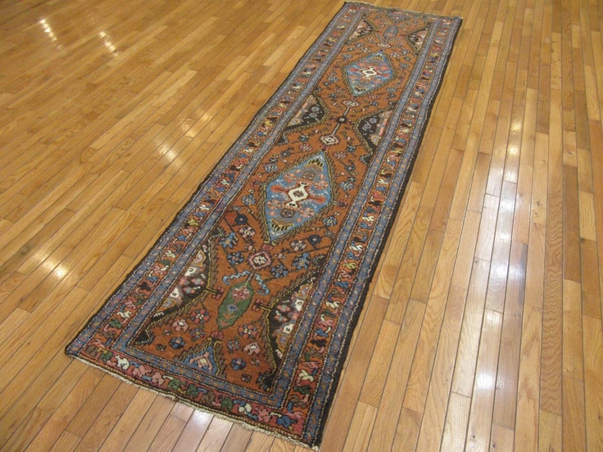 3′ x 9′ Vintage Persian Runner Rug – Traditional Hand-Knotted Wool, Geometric Medallion Design