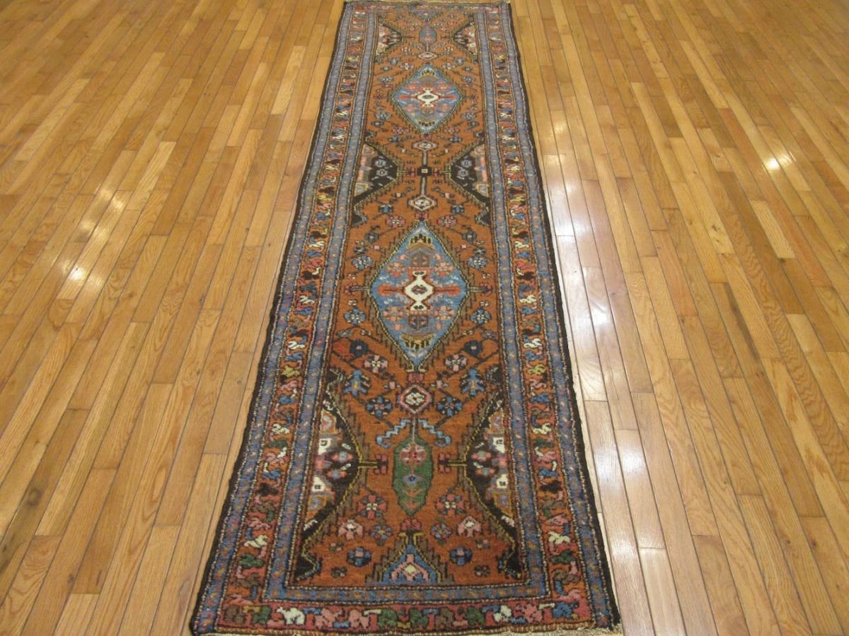3′ x 9′ Vintage Persian Runner Rug – Traditional Hand-Knotted Wool, Geometric Medallion Design