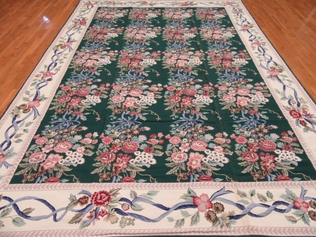 10′ x 14′ Large Handmade China Needlepoint Rug – Floral Design, Handcrafted Wool Needlework