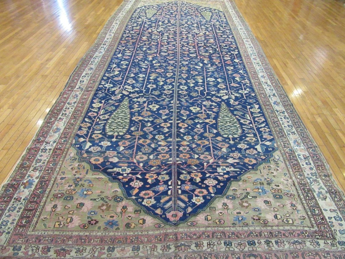 8′ x 18′ Antique Persian Karajeh Tree of Life Rug – Traditional Floral Design, Deep Navy & Ivory