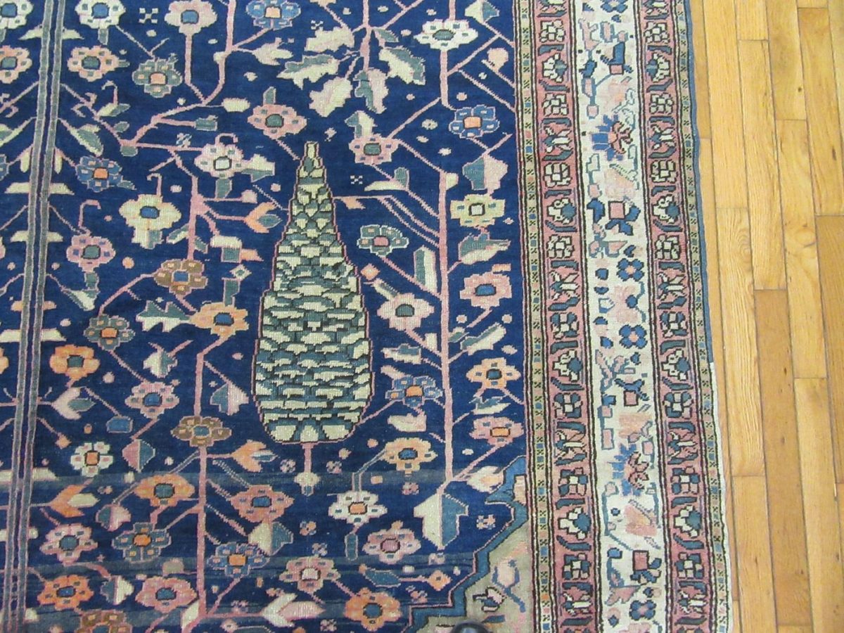 8′ x 18′ Antique Persian Karajeh Tree of Life Rug – Traditional Floral Design, Deep Navy & Ivory