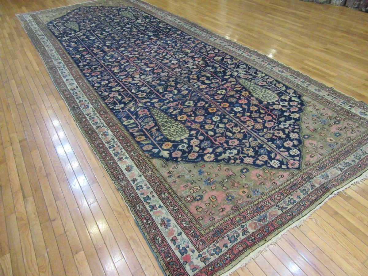 8′ x 18′ Antique Persian Karajeh Tree of Life Rug – Traditional Floral Design, Deep Navy & Ivory