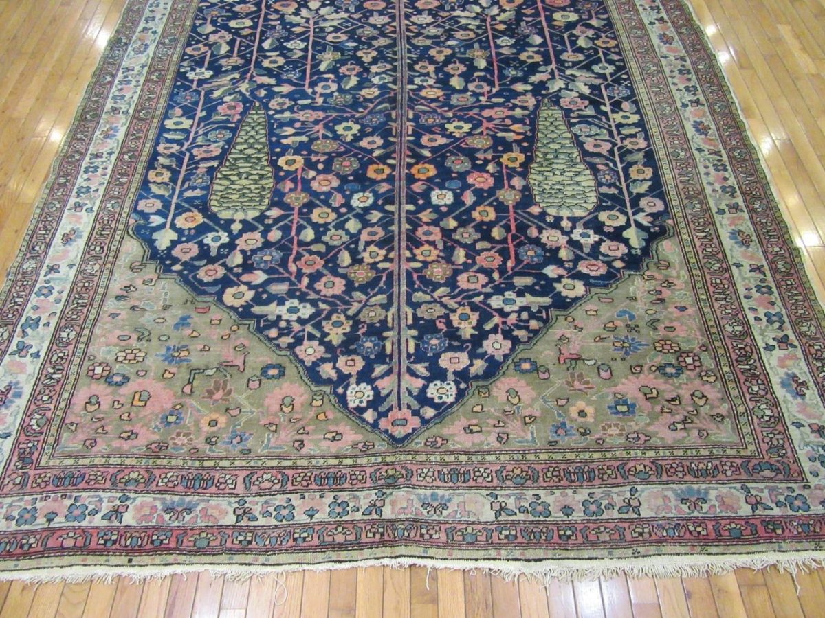 8′ x 18′ Antique Persian Karajeh Tree of Life Rug – Traditional Floral Design, Deep Navy & Ivory
