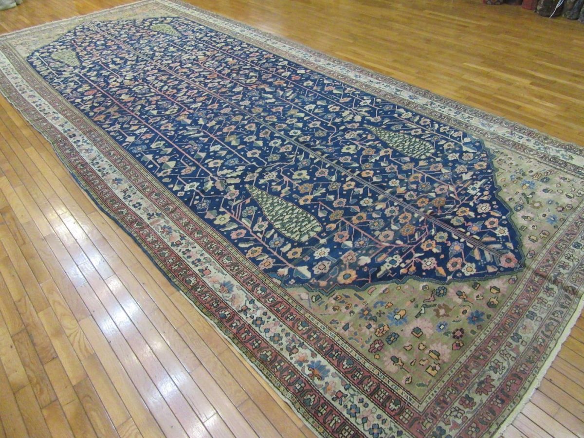 8′ x 18′ Antique Persian Karajeh Tree of Life Rug – Traditional Floral Design, Deep Navy & Ivory
