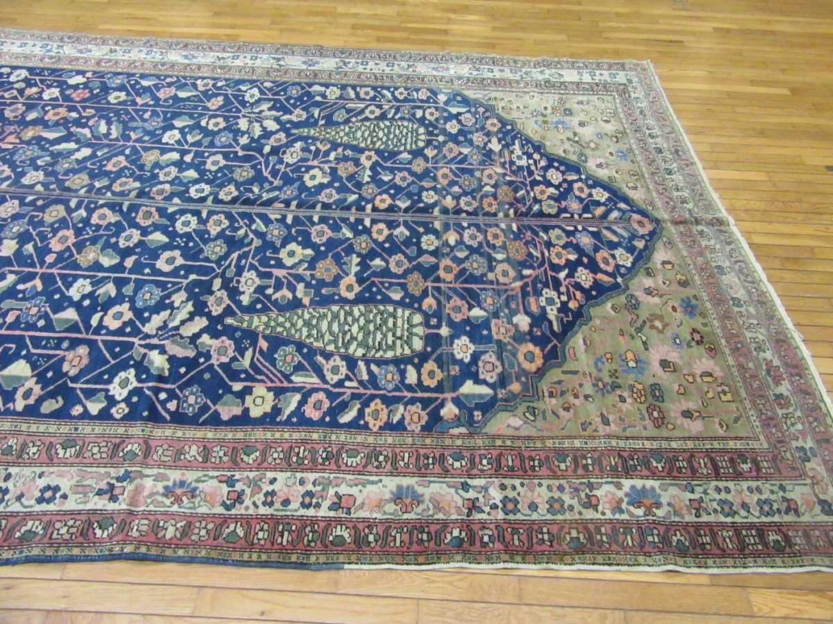 8′ x 18′ Antique Persian Karajeh Tree of Life Rug – Traditional Floral Design, Deep Navy & Ivory