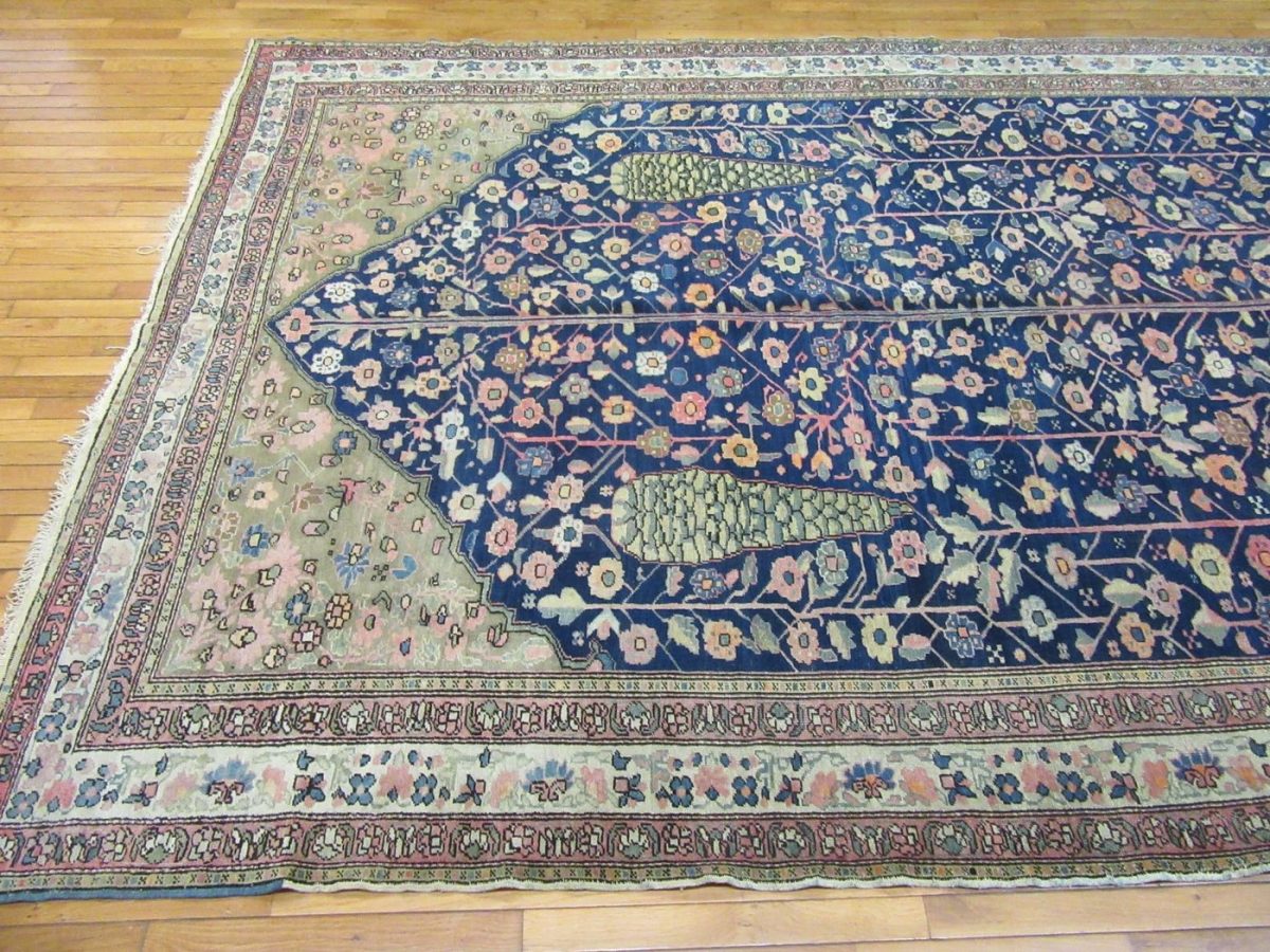 8′ x 18′ Antique Persian Karajeh Tree of Life Rug – Traditional Floral Design, Deep Navy & Ivory