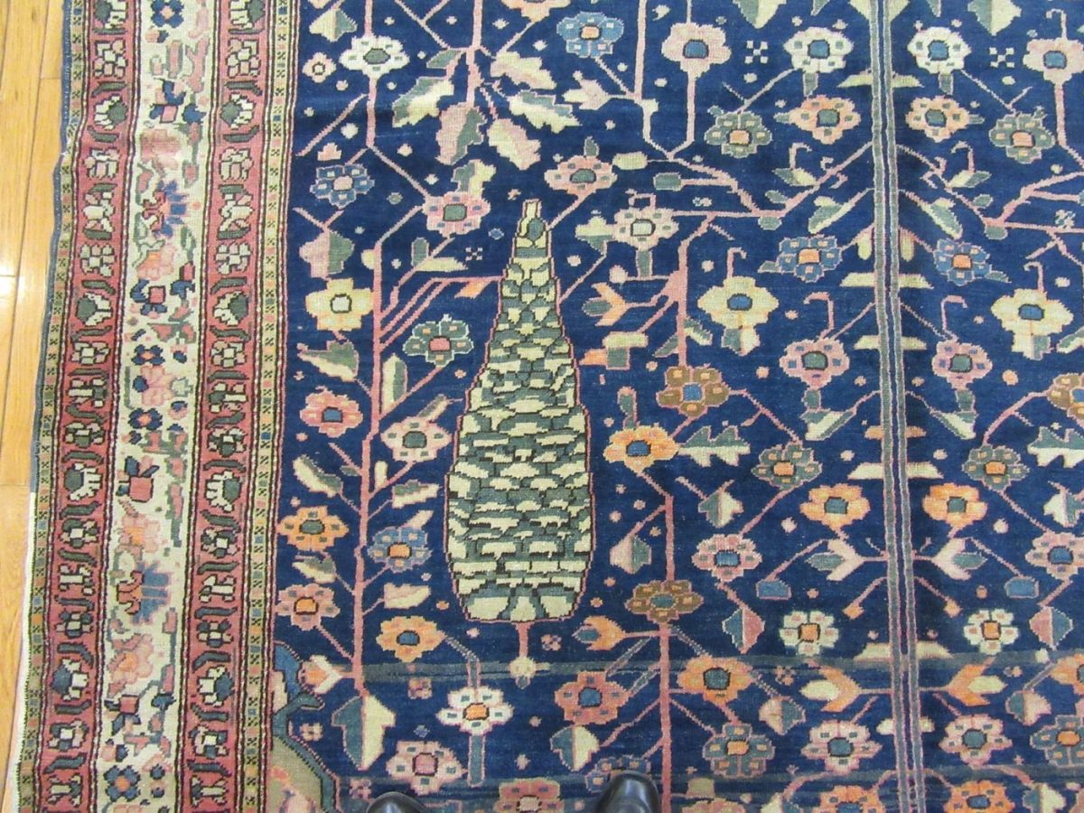 8′ x 18′ Antique Persian Karajeh Tree of Life Rug – Traditional Floral Design, Deep Navy & Ivory