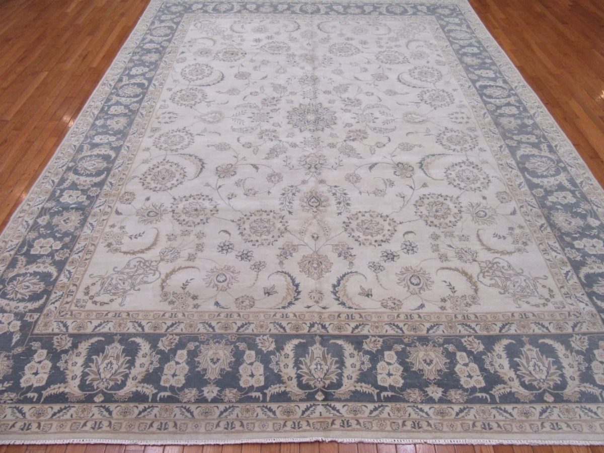 9′ x 12′ Pakistan Handmade Oriental Rug – Traditional Tabriz Floral Design, Ivory & Soft Blue