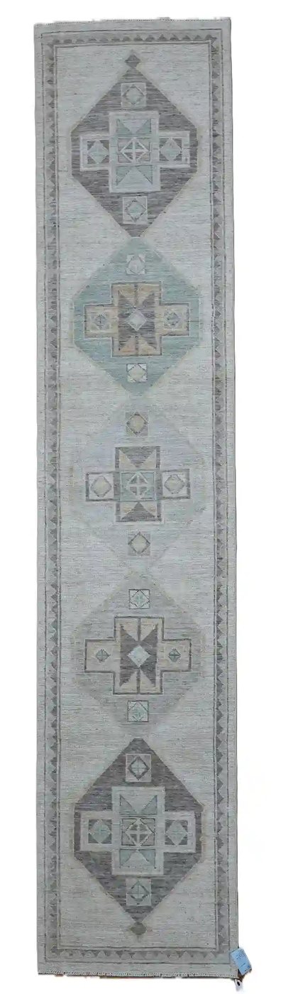 3′ x 13′ Beige Fine Hand-Knotted Afghan Oushak Runner Rug – Transitional Wool