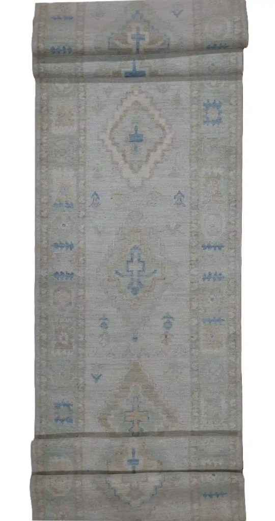 3′ x 15′ Ivory Fine Hand-Knotted Afghan Oushak Runner – Traditional Wool