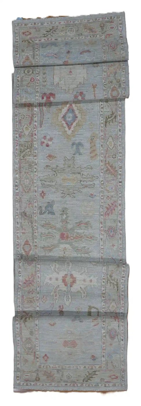 3′ x 19′ Pale Blue Fine Hand-Knotted Afghan Oushak Runner – Traditional Wool