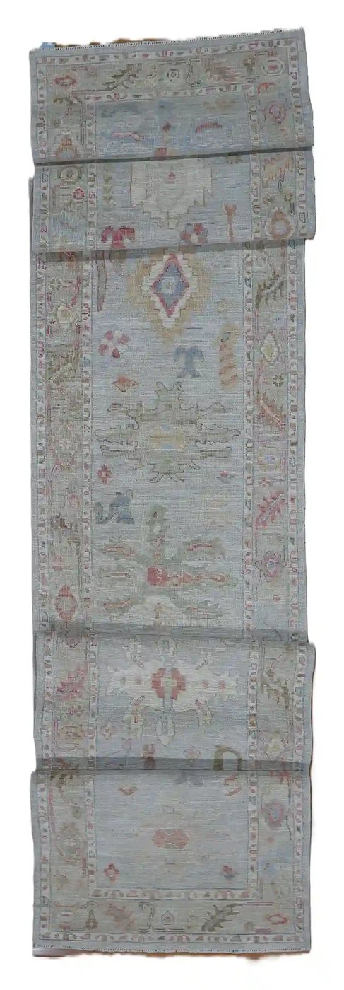 3′ x 18′ Pale Blue Fine Hand-Knotted Afghan Oushak Runner – Traditional Wool