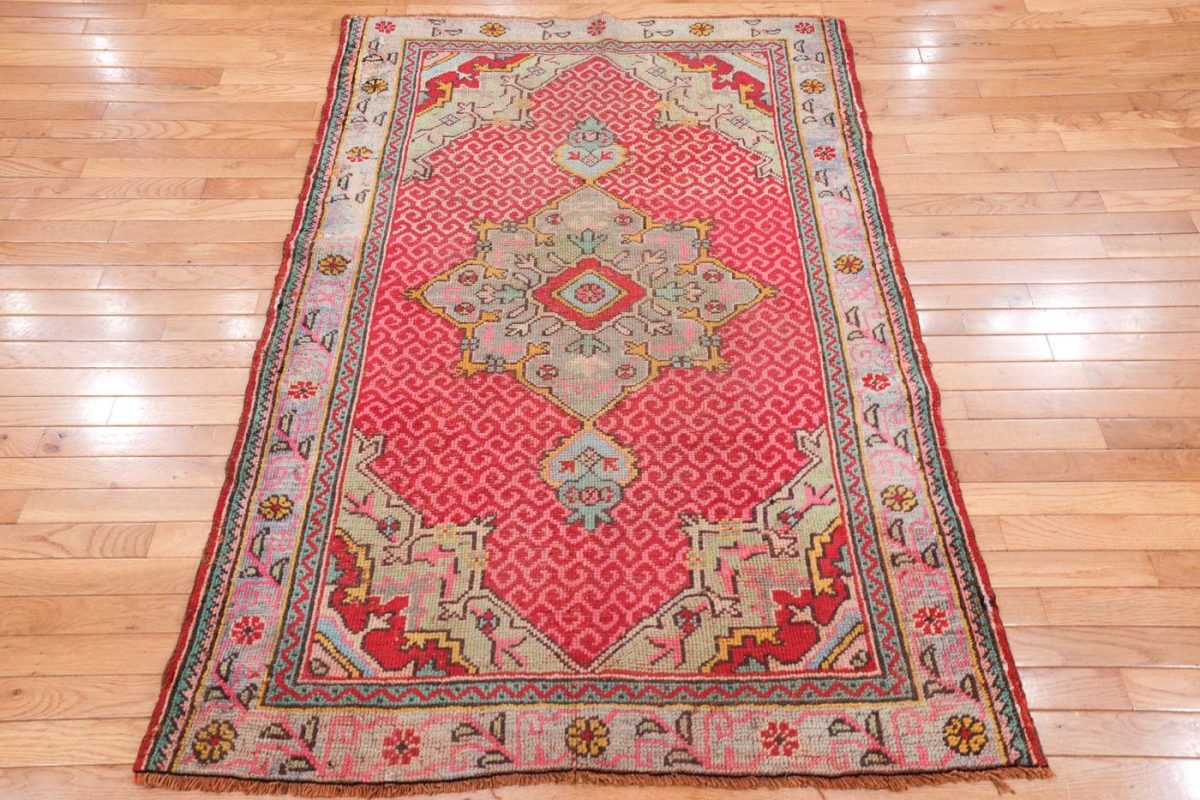 4′ x 5′ Rose Red Fine Hand-Knotted Vintage Turkish Oushak Rug – Traditional Wool