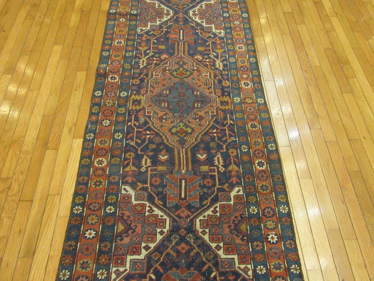 3′ x 15′ Tribal Handmade Persian Heriz Runner – Traditional Geometric Style, Navy & Rust - 1 3′ x 15′ Tribal Handmade Persian Heriz Runner – Traditional Geometric Style, Navy & Rust
