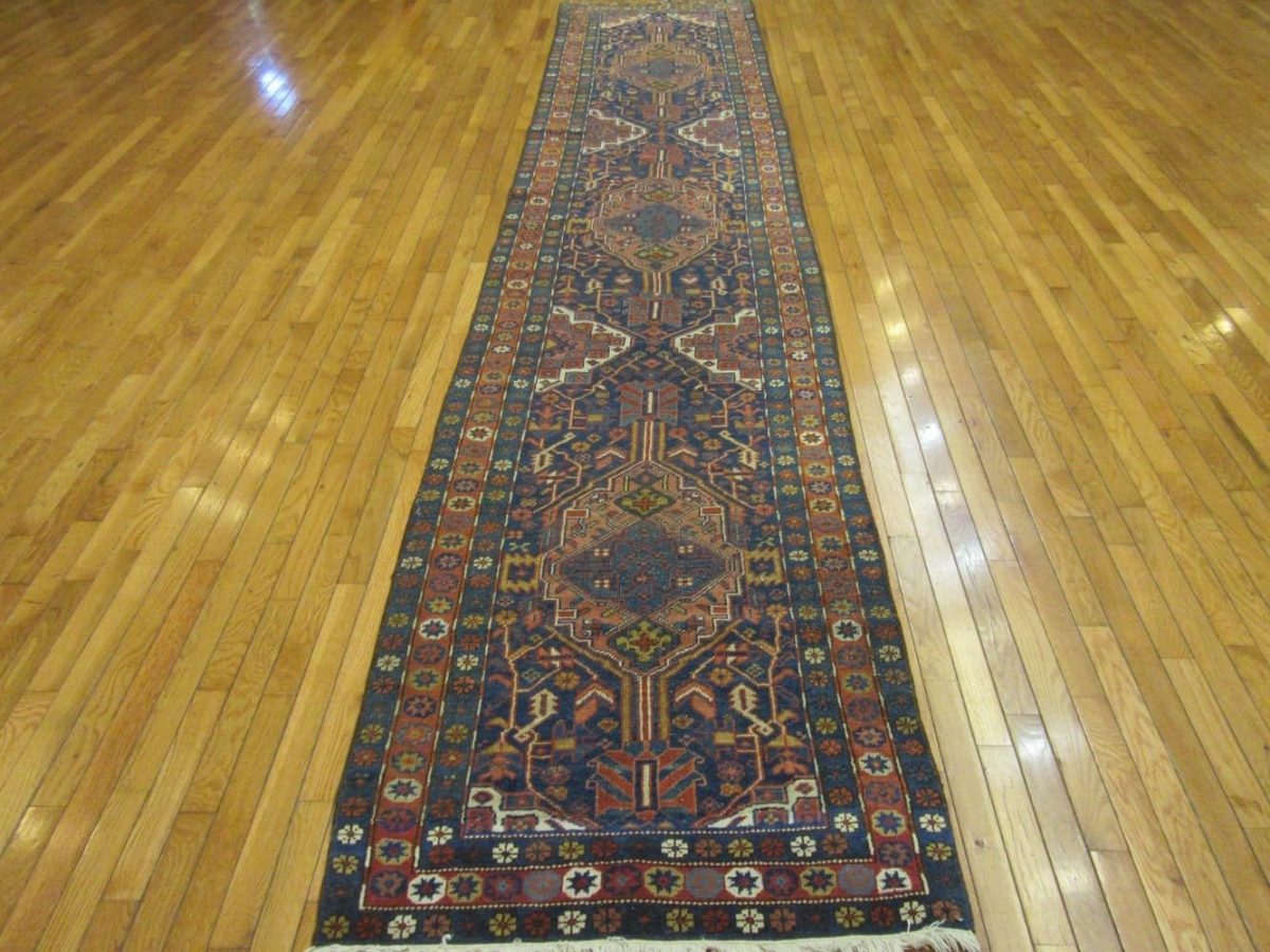 3′ x 15′ Tribal Handmade Persian Heriz Runner – Traditional Geometric Style, Navy & Rust - 3 3′ x 15′ Tribal Handmade Persian Heriz Runner – Traditional Geometric Style, Navy & Rust