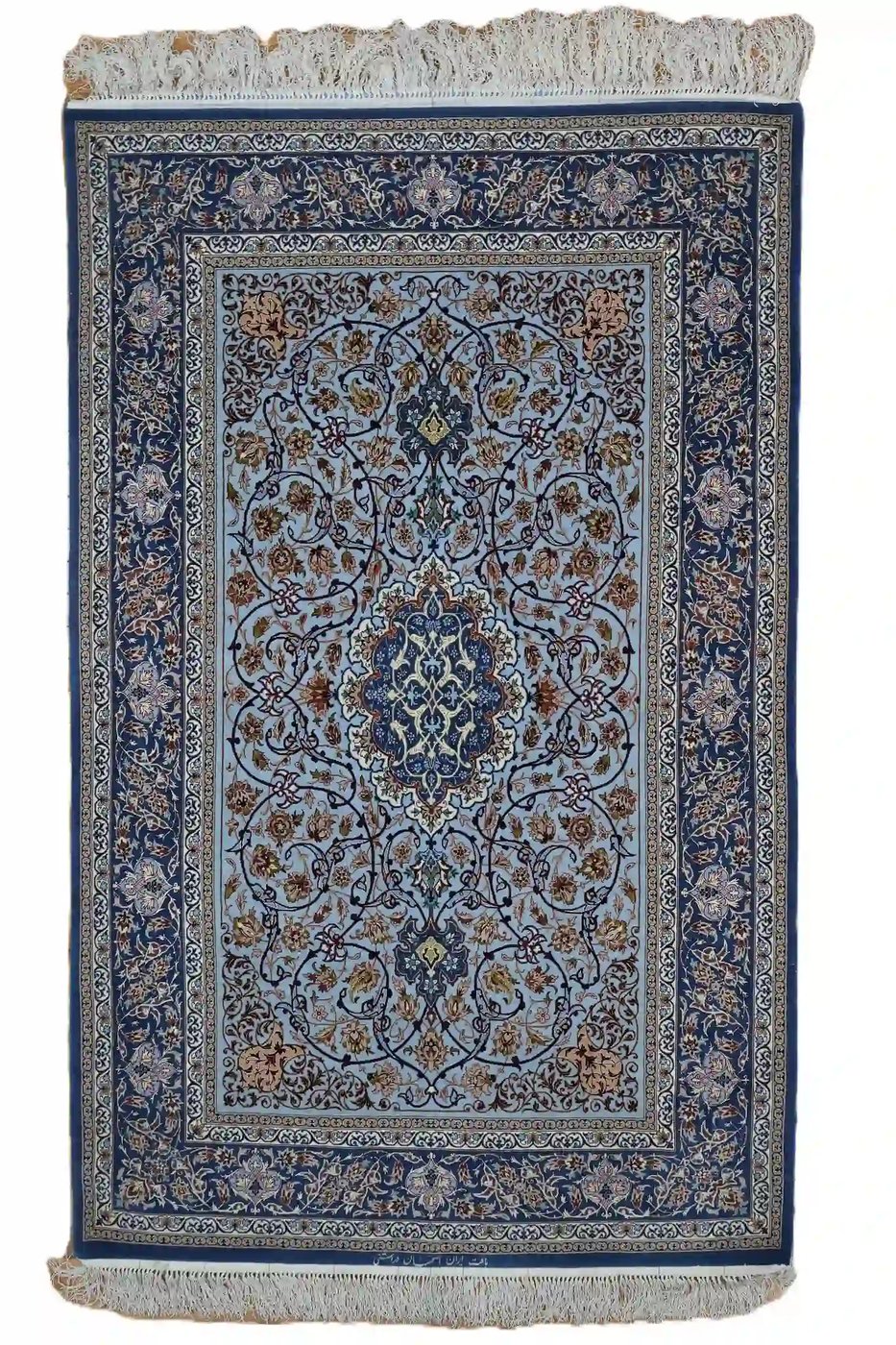 4′ x 7′ Light Blue Fine Hand-Knotted Persian Isfahan Rug – Traditional Silk and Wool