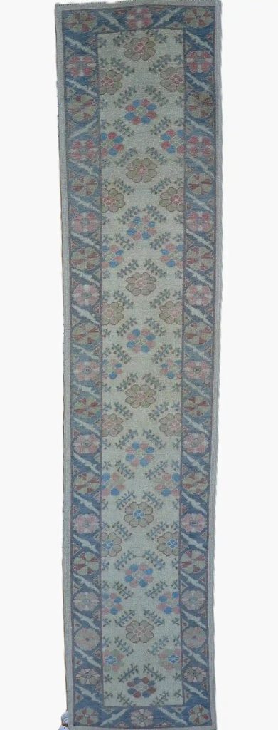 3′ x 15′ Light Blue Fine Hand-Knotted Turkish Oushak Runner Rug – Traditional Wool