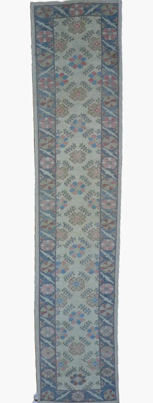 3′ x 15′ Light Blue Fine Hand-Knotted Turkish Oushak Runner Rug – Traditional Wool