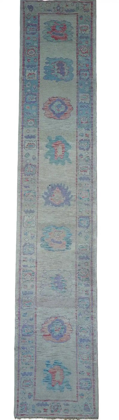 3′ x 16′ Light Blue Fine Hand-Knotted Turkish Oushak Runner Rug – Traditional Wool