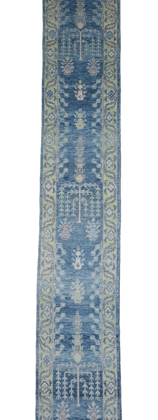 3′ x 16′ Blue Fine Hand-Knotted Turkish Oushak Runner Rug– Traditional Wool