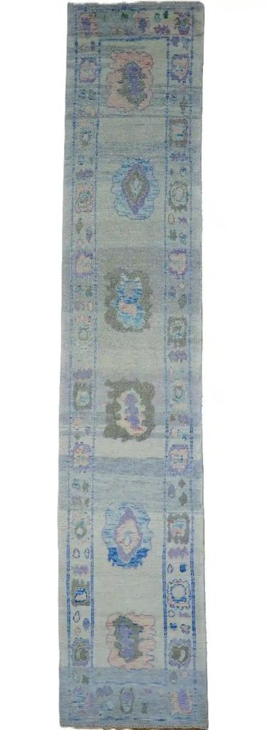 3′ x 15′ Light Blue Fine Hand-Knotted Turkish Oushak Runner Rug– Traditional Wool