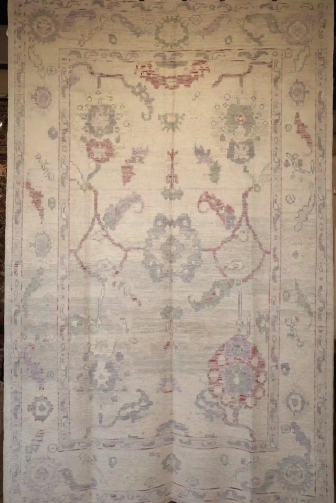 7′ x 11′ Ivory Fine Hand-Knotted Turkish Oushak Rug – Transitional Wool